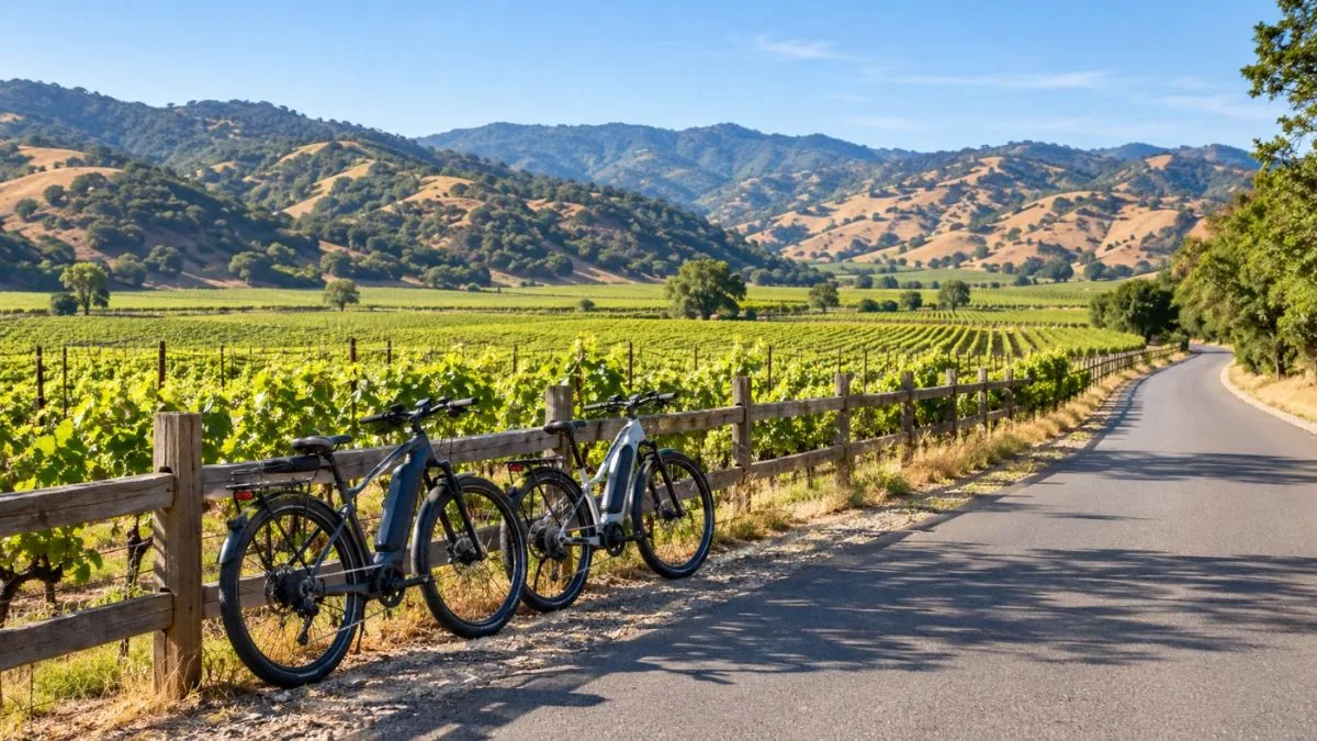 Two e-bikes leaning on a wooden fence beside a vineyard road