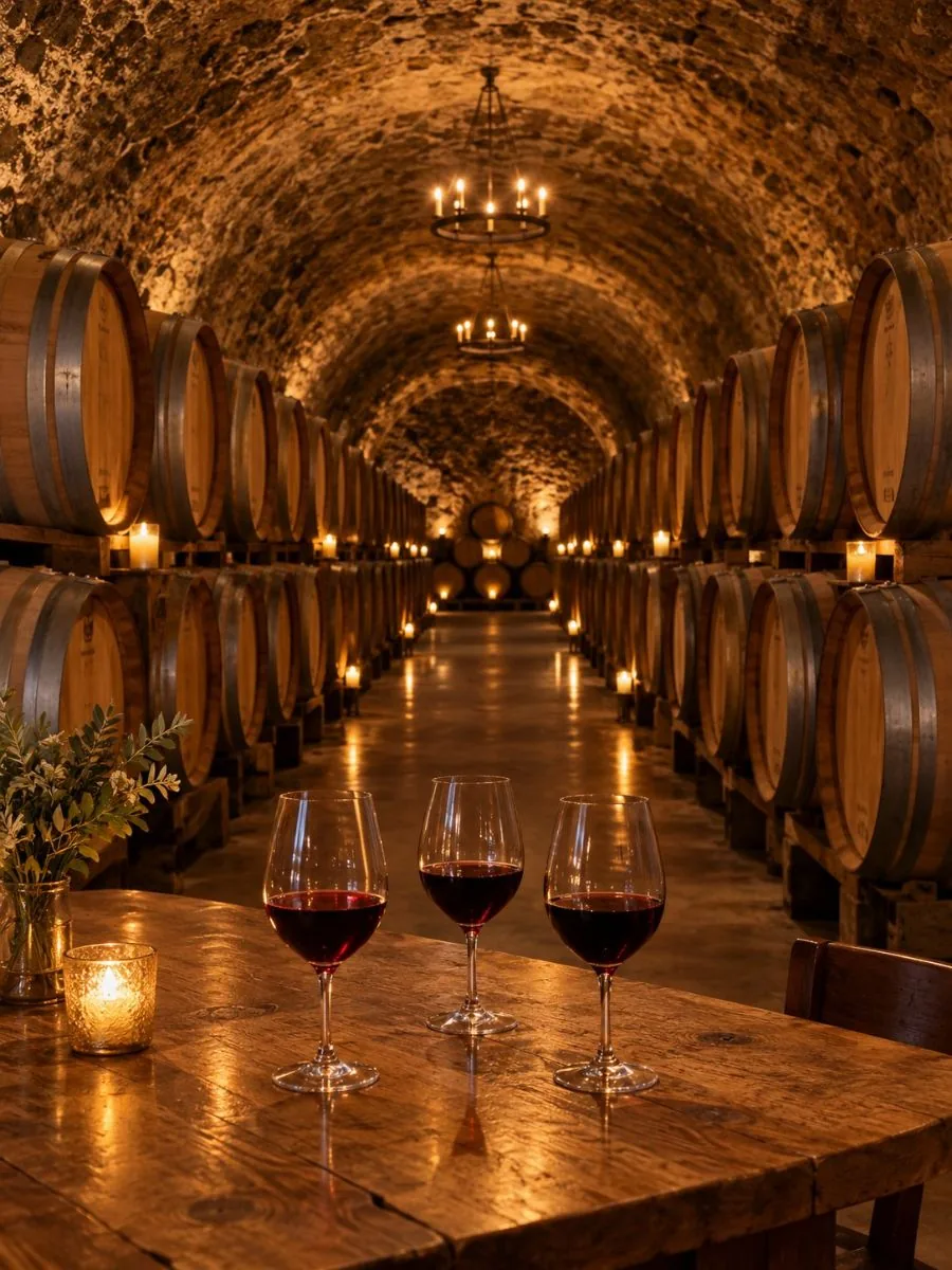 Oak barrels in a candle-lit stone wine cave with three glasses of red wine on a tasting table