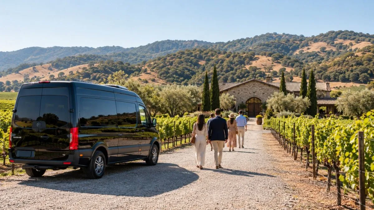 A small group walking from a passenger van toward a stone winery between vineyard rows